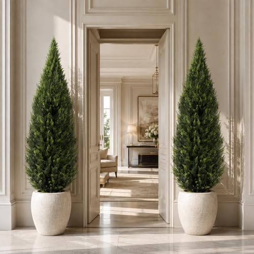 Image of Artificial Cedar Topiary Trees, 7 FT UV Resistant Faux Boxwood Plants,Front Porch Decorations Outdoor,Realistic Evergreen Cypress for Patio Decor Set of 2