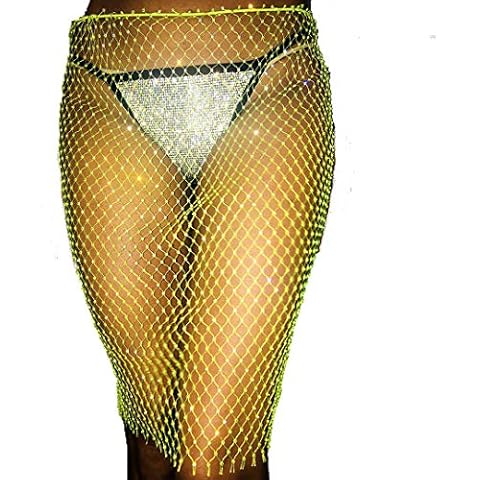 Flyrose Women Sexy See Through Mesh Fishnet Hollow Out Beach Bikni Swimsuit Cover up Rhinestone Mini Skirt - green - One Size Cover