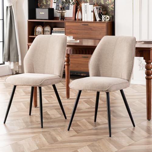 Image of Rowill Dining Chairs Set of 2, Modern Upholstered Kitchen Chairs with Back, Metal Legs, Mid-Century Armless Dining Table Chairs for Dining, Kitchen Room, Cafeteria, and Living Room, Linen, Cream