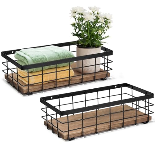 THYGIFTREE kleine Metallkorb, dekorative Holz Base Organizer für Bad, Küche, Korb für Toilettenpapier Lagerung, Zucker-Paket, Kaffeesirup, Gast Handtuch, Serviette (2-Pack Holzfarbe)