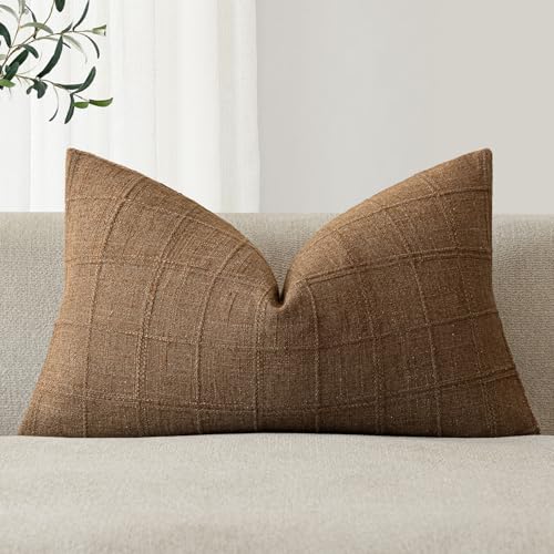 Image of Foindtower Set of 1 Decorative Linen Check Throw Pillow Cover Neutral Farmhouse Lumbar Cushion Cover Modern Boho Home Decor for Sofa Chair Couch Bedroom Living Room,12x20 Inch,Brown Hazel