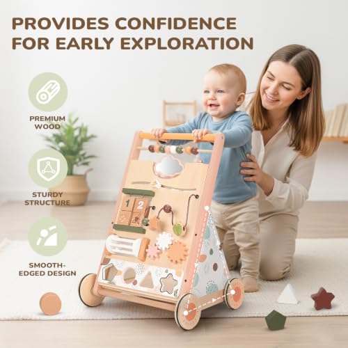 Image of Joyreal Wooden Push & Pull Toy Montessori Baby Activity Center for Toddlers | Adjustable Speed, 8-in-1 Baby Activity Cube, Shape Sorter, Sit-to-Stand, Christmas First Birthday Gifts, 12+ Months, Morandi