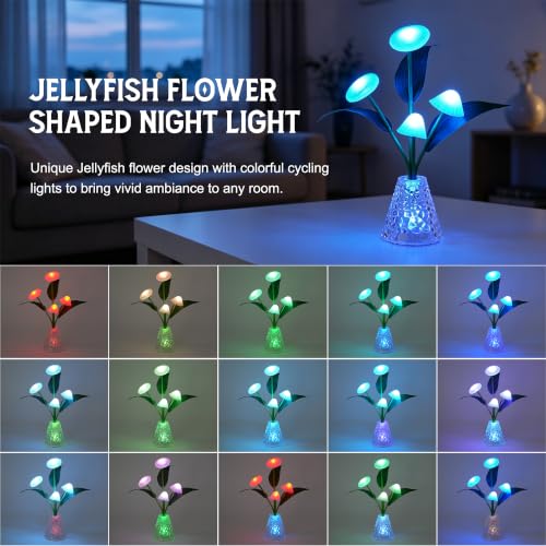 Image of Jellyfish Table Lamp Color-Changing Night Light with Water Ripple Vase | Indoor Outdoor Decorative Ambient Lamp Holiday Gift, Cordless Battery Powered Desk Light for Home Decor & Birthday Gift