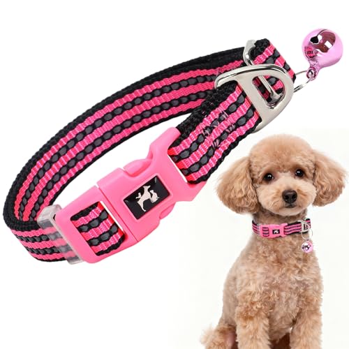 Puppy Collar with Bell Reflective - Adjustable Tiny XS XXS Breed Collar for Girl Female,Night Walk Safety Accessory（Pink XS） P XS