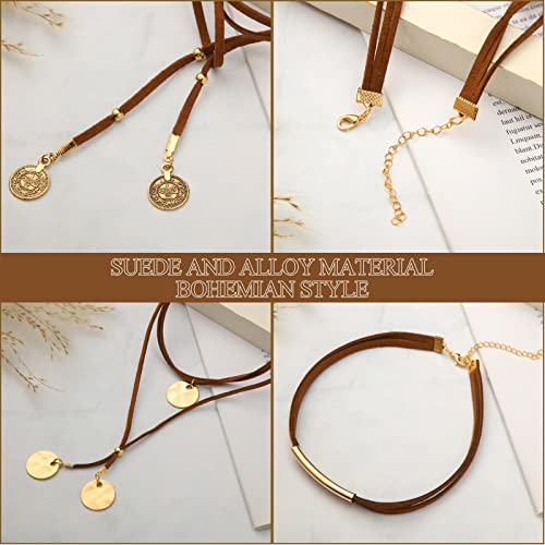 Ecally 6 Pcs Boho Choker Necklace Long Layered Western Cowgirl Necklace for Women Black Brown Suede Choker Jewelry with Tassels Birthday Gift3