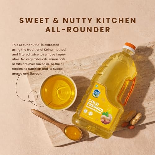 Image of Country Delight Groundnut Oil - 1.8L | Cold Pressed Non-refined Pure Groundnut Oil | Traditional Kohlu Extraction /Kacchi Ghani /Mara Chekku Style | Sweet Aroma & Flavor of Groundnut (Peanut) seeds | Double Filtered