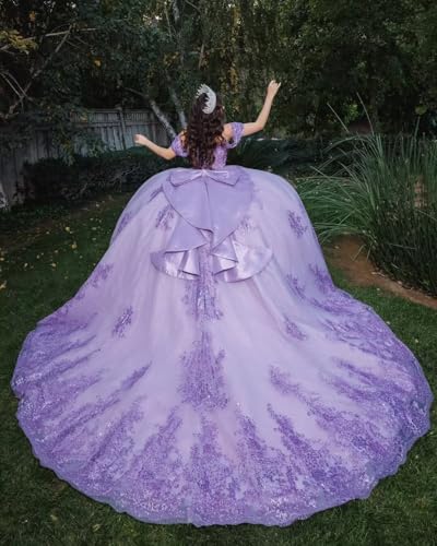 Mauuwy Sparkly Beaded Quinceanera Dresses Puffy Lace Glitter Applique 15 Dresses Off Shoulder XV Ball Gowns with Bow2