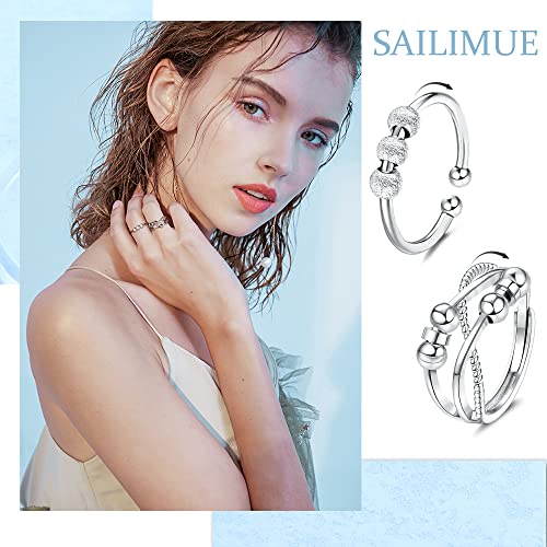 SAILIMUE 9Pcs Anti Anxiety Rings For Women Men Fidget Band Rings Set For Anxiety Unisex Adjustable Stacking Spinner Worry Stress Relief Ring With Beads2