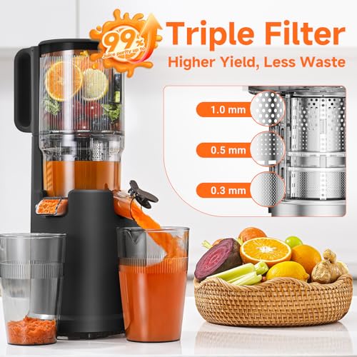 Image of Cold Press Juicer with 5.4 inch Wide Feed Chute - Slow Masticating Juicer Extractor for Whole Fruits & Vegetables - Quiet Motor, Easy to Clean with Brush - High Juice Yield - Black