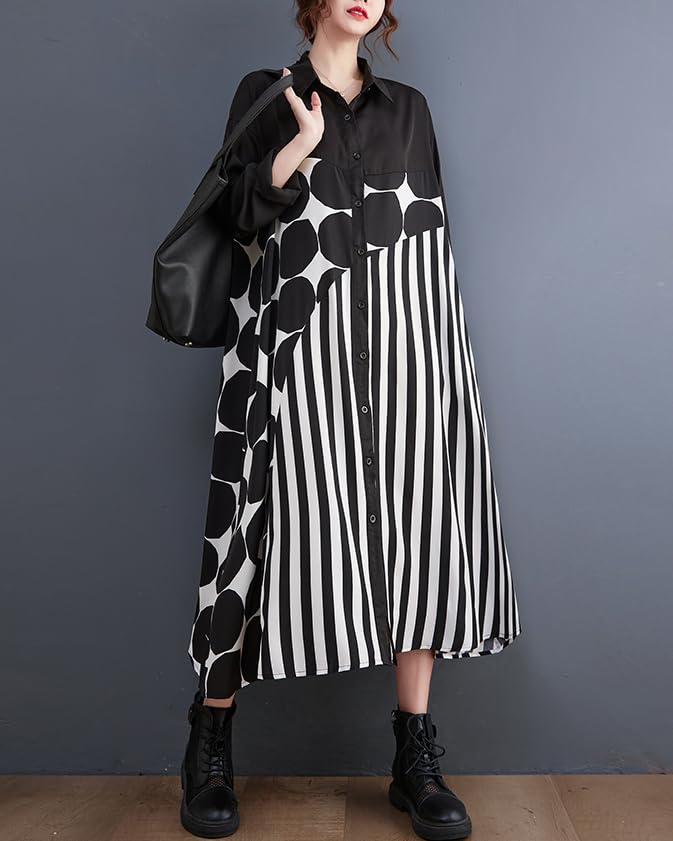 Image of ellazhu Womens Fall Casual Patchwork Funky Long Sleeve Designer Dress Loose Blouse GY2787 A