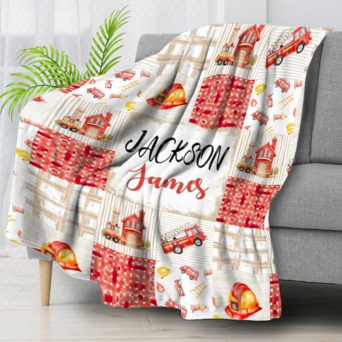 Image of Fire Trucks Firefighter Custom Blanket Gifts Personalized Fire Trucks Throw Blankets for Boys Girls Super Soft Fleece Flannel Air Conditioning Blanket for Couch Bed 50x40 in for Kid