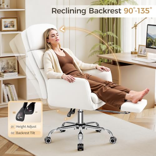 Image of Big and Tall Office Chair 500LBS, Ergonomic High Back Leather Executive Chair, Reclining Swivel with Adjustable Armrests Lumbar Support Footrest, Cross Legged, White
