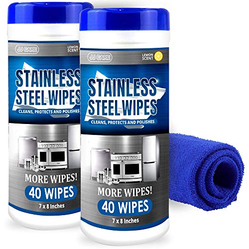 JJ CARE Stainless Steel Wipes with Microfiber Cloth [Pack of 80] Stainless Steel Cleaner Wipes, Removes Water Marks, Streaks, Smudges and Grease on Appliances, 40 Wipes per Tub