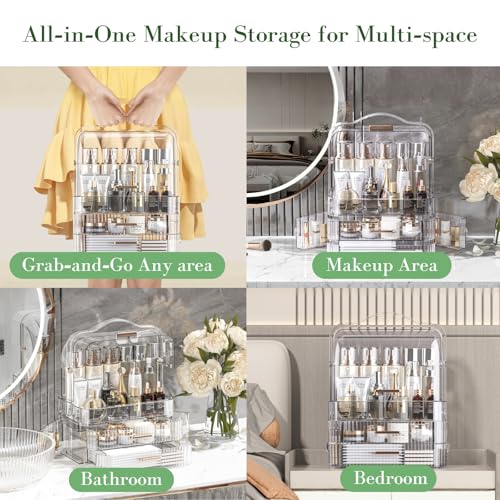Large Makeup Organizer Box Cosmetics Storage Box Transparent Lid Drawers Portable Handle Waterproof Dustproof Skincare Display Cases for Countertop, Bathroom, Dresser,Gift Clear by LINFIDITE - Image 7