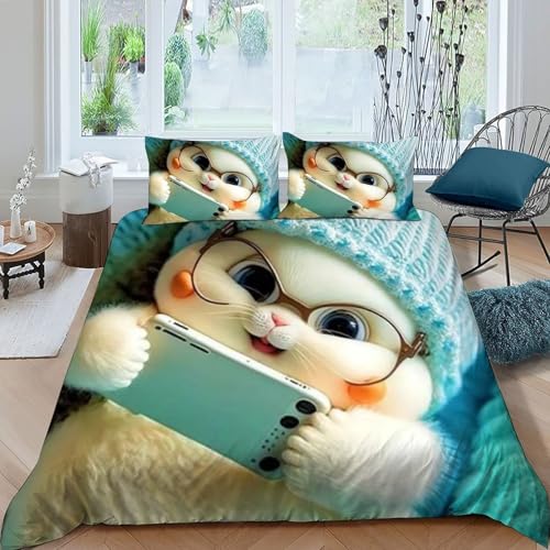Housse de couette King imprimé 3D lapin lit 220x240cm microfibre facile à laver