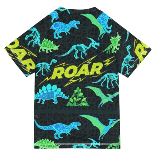 Roaring T-rex Pterosaur Ankylosaurus Black Fluorescent Green Short Sleeve Girls Bathing Suit Girls Swimsuit Rashguard Rash Guard Boys for 3-12 Years Traje de Banos para ninas2
