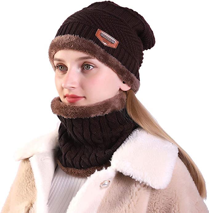 Winter Woolen Beanie Cap and Neck Warmer Scarf Set for Men & Women | Soft Fleece Lined Knitted Hat & Scarf Combo for Cold Weather (Brown)-image-44