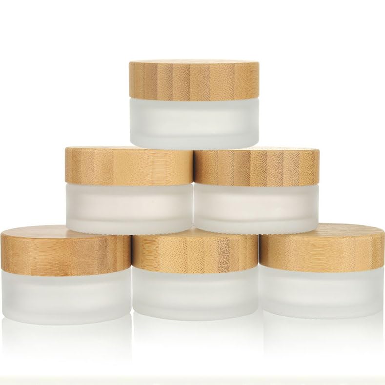 COSIDEA 5pcs Empty 1 OZ/30g Round Frosted Glass Jars with Bamboo lids