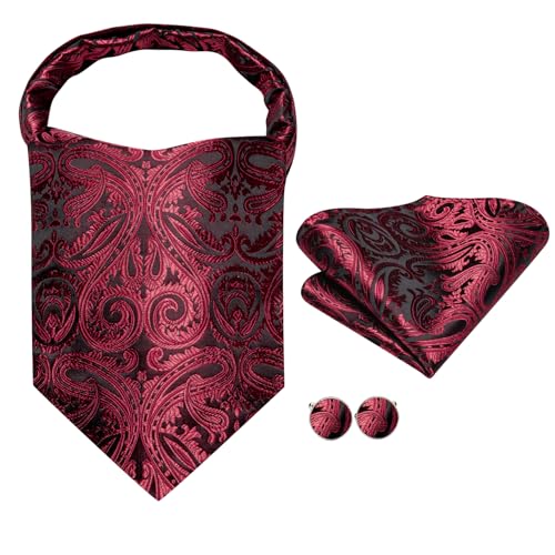 Image of Hi-Tie Silk Ascot for Men Self Tie Men's Cravat and Flower Lapel Pin Handkerchief Cufflinks Set for Wedding Party