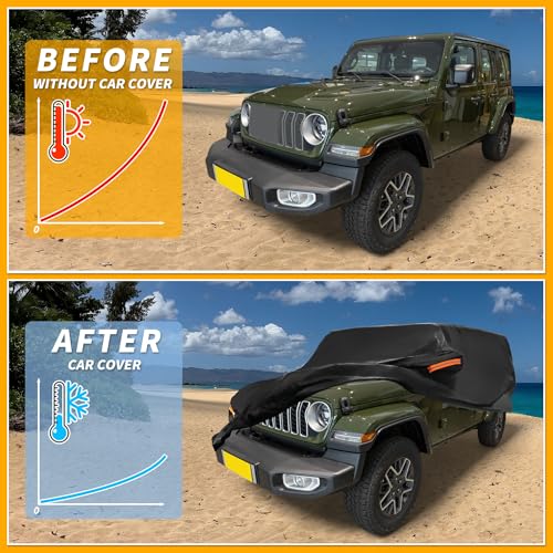 Image of Car Cover Waterproof All Weather Sun Rain Protection Full Exterior Cover for Jeep Wrangler 4DR Black with Left Side Zippers
