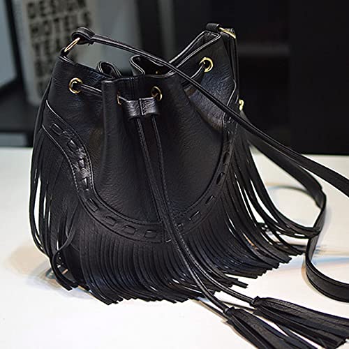 Women Small Fringed Faux Leather Crossbody Bag Drawstring Shoulder Bag Boho Bucket Bag3