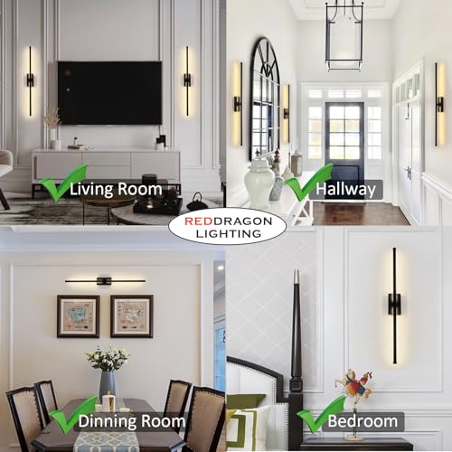 Easy Install Peel and Stick on Battery Operated Wall Sconces Set of 2 Rechargeable, Magnetic Linear Wall Sconce Wireless Long Picture Vanity Wall Light for Living Room Bedroom (2 Pack, 28.3'', Black)