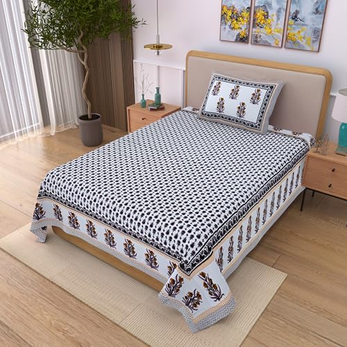 Image of 100% Cotton Single Bedsheet with 1 Pillow Cover | 240 TC Pure Cotton Flat Bed Sheet | Traditional Jaipuri Printed Bedding Set | Soft & Breathable | 60 x 90 Inch (Rangmahal Single 45)
