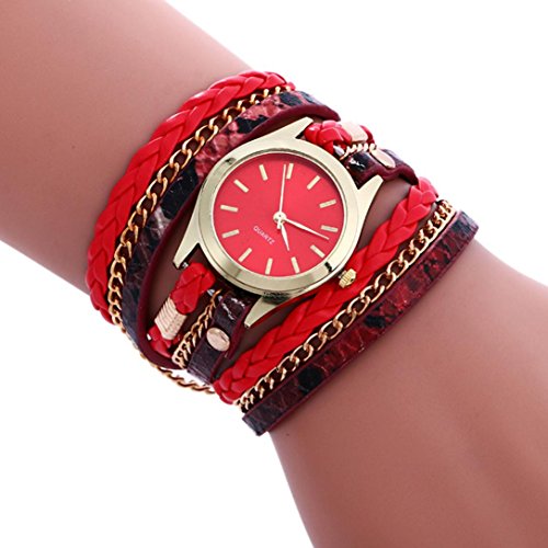 Vovotrade Estilo Bohemio de Estilo Tejido Pulsera de Cuero Mujer Reloj de Pulsera (Rojo)