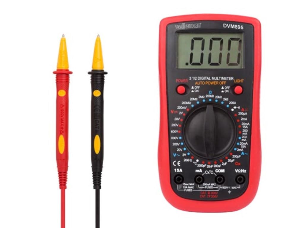 Velleman Multímetro digital, adecuado para medir la corriente de CA/CC, voltaje de CA/CC, resistencia, capacitancia, diodos, continuidad, frecuencia y temperatura, incluidos los cables de las pruebas