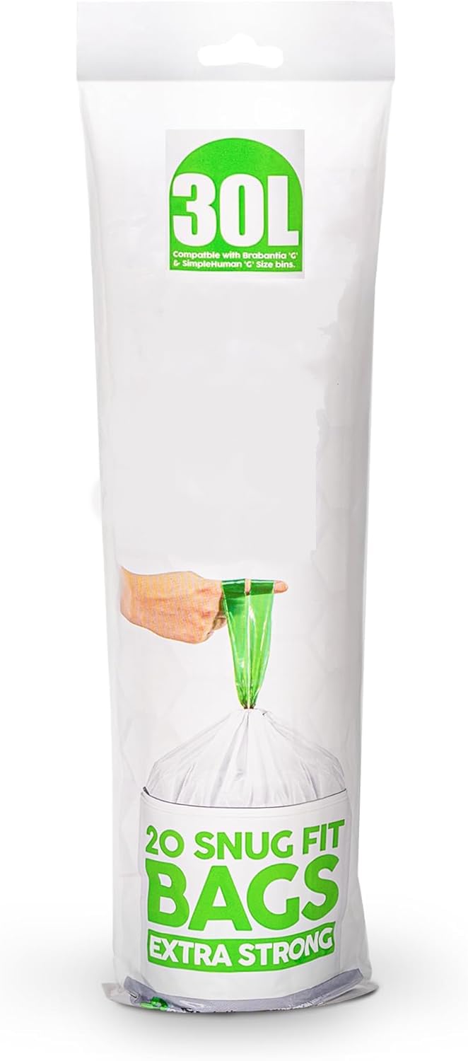 Drawstring Bin Bags 30L x 20PK Bin Liners White Kitchen Trash Bags Tie Handle Pedal Swing Waste Bags 30pcs Strong Large Garbage Bags for Garden Office Rubbish Bin