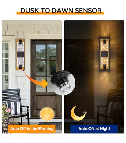 Image of 15.3 inch Dusk to Dawn Outdoor Wall Light, 12W LED Black and Gold, 1-Pack | IP65 Waterproof, Exterior Crystal Modern Wall Sconce, Ideal for Porch, Hallway, Doorway, Patio