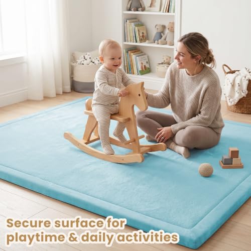 Image of ACOMOPACK Baby Play Mat for Floor 1.3 inch Thick Memory Foam Play Mat 59 inchx71 inch Tummy Time Crawling with Non-slip Bottom for Living Room,Nursery,Soft Velvet Playpen Mats for Kids,Infants(Light Blue)