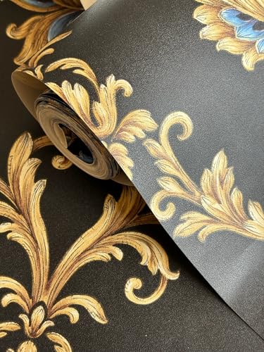 Image of Eurotex Non Adhesive PVC Wallpaper Roll for Home Wall Decor, Wallcovering for Living Room, Bedroom Walls l Luxury Damask Premium Wallpaper Roll (57 sq.ft Roll, 230210-Black)