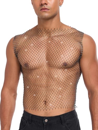 CYCLAMEN Rhinestone Mens Tank Tops Fishnet Sparkly Diamond Sleeveless Shirt See Through Festival Sexy Outfits Rave Party