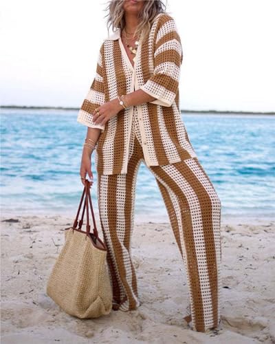 Chic Khaki Womens Summer Knit Outfit: Stylish 2-Piece Crochet Set with Button-Up Shirt and Wide Leg Pants (X-Large) by loveimgs - Image 2