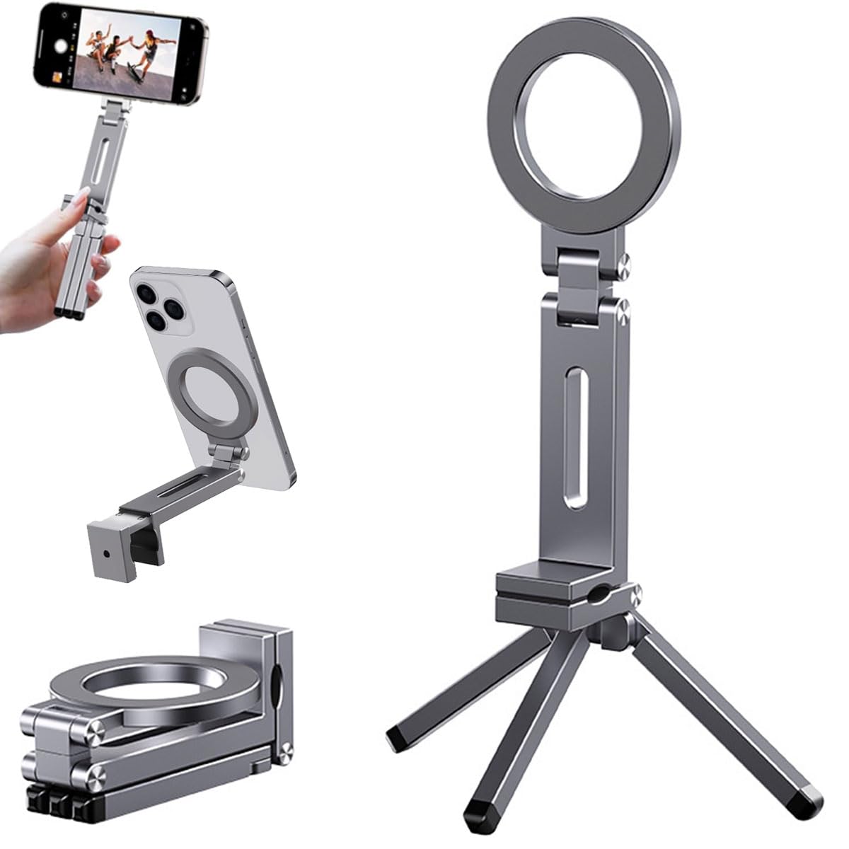 360° Rotation Magnetic Phone Stand with Tripod,Adjustable Magic Clip Phone Holder,Portable Foldable Aluminium Pocket Holder,Vacuum Suction Phone Mount for Car,Suitable for All Mobile Phones (Gray)