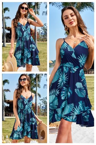 ULTRANICE Womens Summer Dresses Floral V Neck Ruffled Hem Spaghetti Spring Casual Beach Outfits Flowy Wrap Sun Dress2