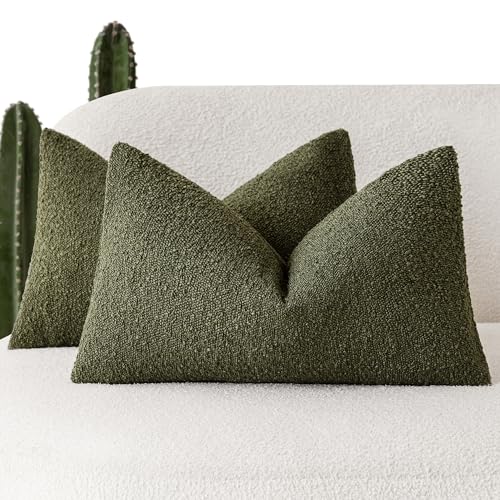 Image of Foindtower Pack of 2 Textured Boucle Throw Pillow Covers Accent Solid Decorative Lumbar Pillow Cases Cozy Couch Cushion Case for Chair Sofa Bedroom Living Room Home Decor 12x20 Inch Moss Green