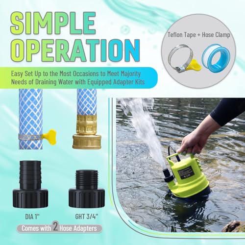 Image of 1 /3 HP Submersible Water Pump 2000 GPH Portable Small Sump Pump For Pool Cover, Basements, Puddles, Gardens Ponds With 16.4 Ft Power Cord and Hose Adapters, Yellow