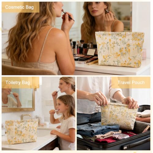 Image of MAYCREATE Canvas Makeup Pouch Bag, Embroidery Floral Makeup Bag for Women, Vintage Jacquard Zip-up Travel Toiletry Pouch for Women Organizer Travel Pouches