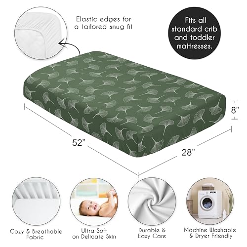 Image of Sweet Jojo Designs Fitted Baby Crib Sheets (Green Woodland Ginkgo Leaf) for Girls /Boys, Infant Nursery, Toddler Room - Standard Size (White & Forest Green Earthy, Vintage Minimalist, Botanical Nature)