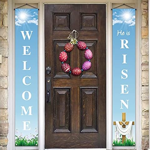 Pudodo He is Risen Porch Banner Easter Christian Cross Lily Religious Holiday Party Front Door Sign Wall Hanging Party Decoration Cover