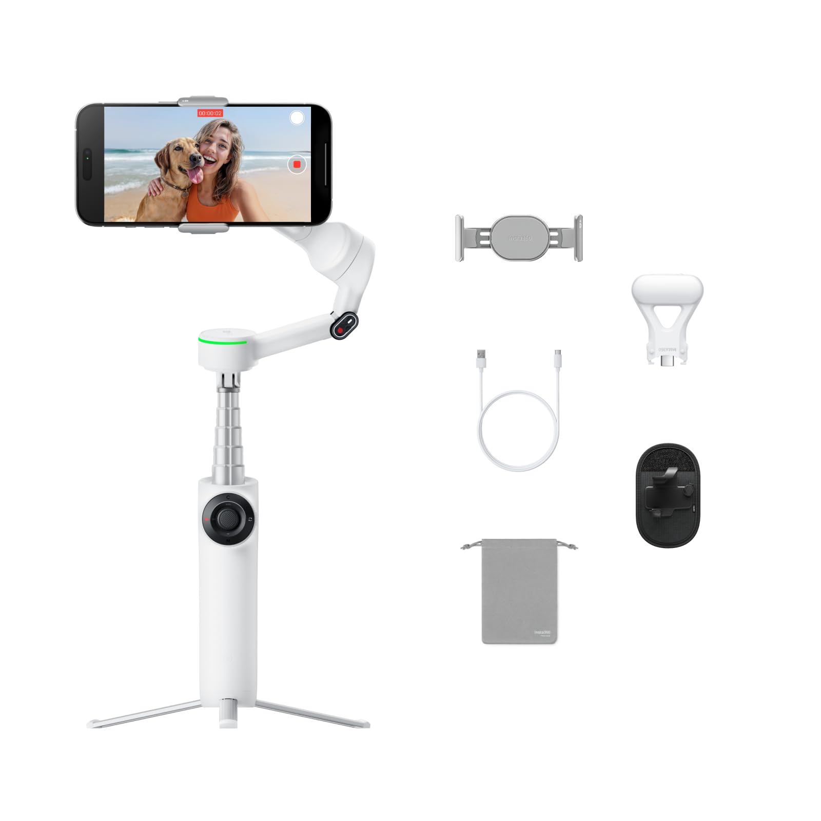 Insta360 Flow 2 Pro Vlog Bundle Weiß - Faltbarer AI Phone Gimbal, Tracking in 200+ Apps mit Apple DockKit, 360º-Pan-Tracking, integr. Stativ/Selfie-Stick, Fernbedienung, Spotlight/Rucksackhalterung