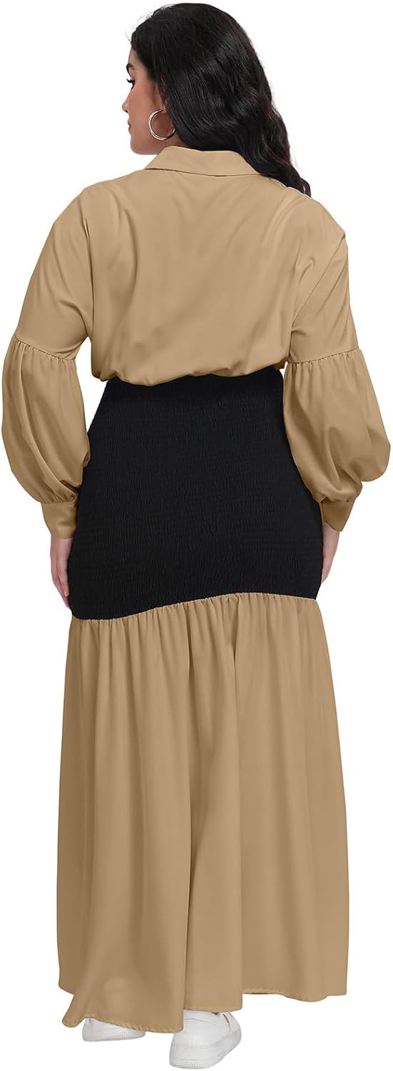 Ekaliy Women's Puff Long Sleeve Shirt Dress Elegant Button Down Loose Swing Party Maxi Dress - Image 3