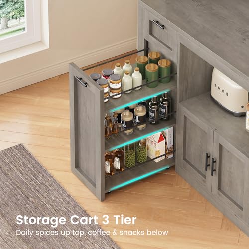 Itaar 71\" Pantry Cabinet with Charging Station and LED Light, Kitchen Pantry Cabinet with Microwave Stand, 47.2\" Wide Kitchen Storage Cabinets with Storage Cart 3 Tier for Dining Room, Grey