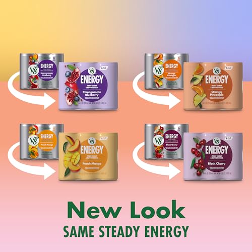 Image of V8 +Energy Peach Mango, Orange Pineapple, Black Cherry and Pomegranate Blueberry Juice Energy Drinks, 8 fl oz Can (24 Pack)