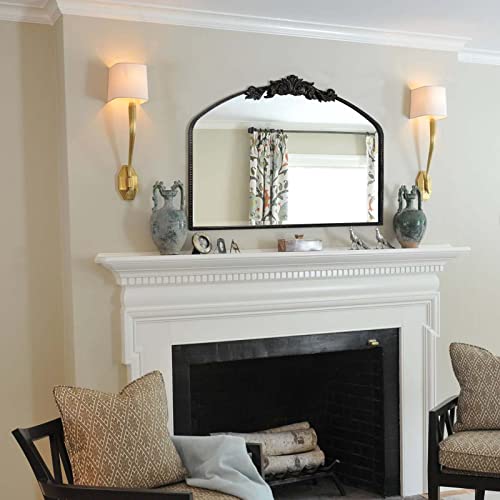 Image of Black Arched Mirror 40 inchX31 inch, Vintage Antique Baroque Mantel Mirror with Black Brush Gold Metal Frame, Ornate Wall Decor for Entryway /Fireplace /Living Room /Hallway /Bathroom /Bedroom