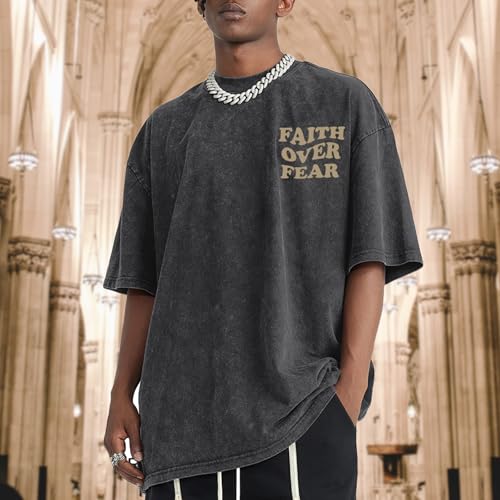 Christian Shirts for Men Faith Over Fear Oversized Shirt Acid Wash Tshirt Graphic Religious T Shirt Bible Verse Tees3