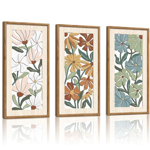 KAIRNE Vintage Colorful Floral Wooden Wall Art Set of 3,Abstract