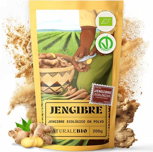 NaturaleBio Jengibre Orgánico en Polvo 200g | 100% Puro y Natural, Sin OGM ni Aditivos | Cultivado de Forma Sostenible en Perú | Ideal para Cocinar, Infusiones, Batidos y Remedios Naturales